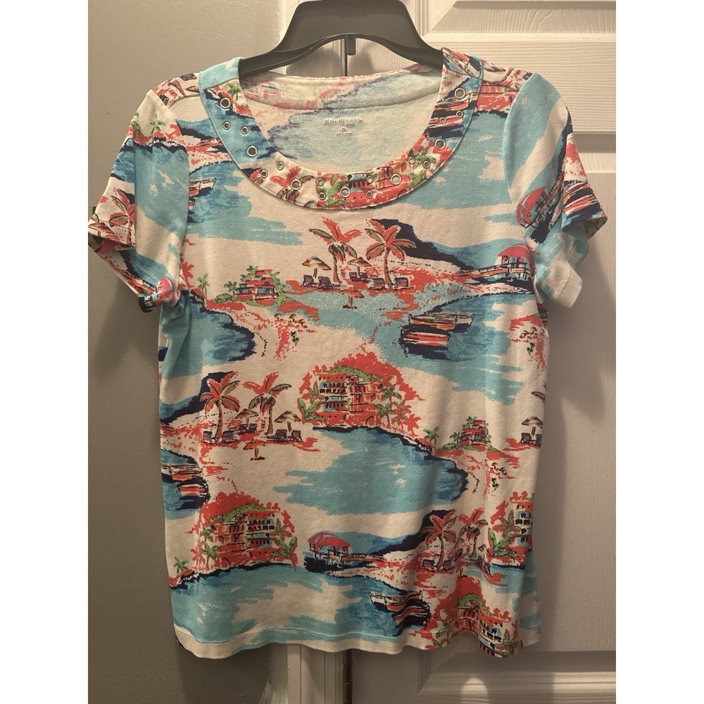 Kim Rogers Petite PL Scenic Knit Grommet Round Neck Short Sleeve Top Multicolor